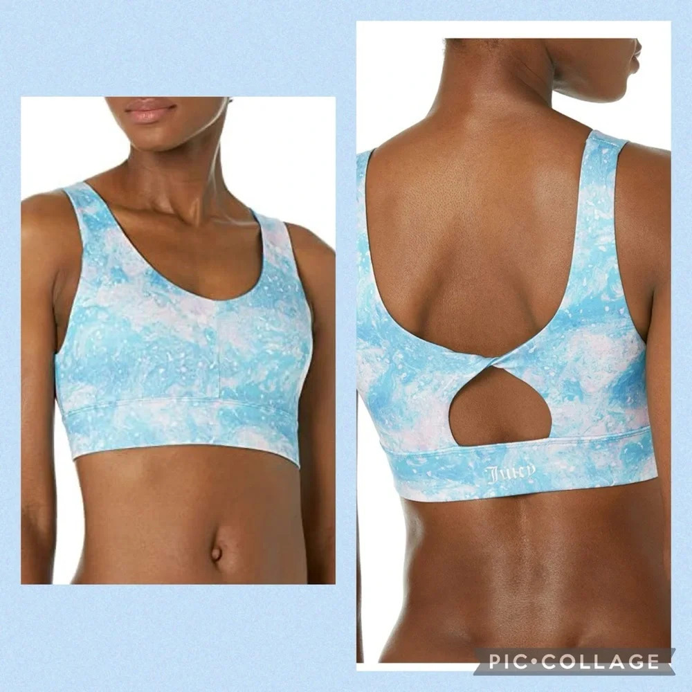 Juicy Couture NWT Twist back removable pads vneck sports bra Aurora Print sz M